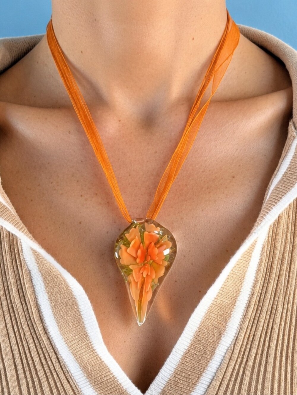 Artisan Statement Necklace Pendant Burnt Orange Floral Teardrop Cortagecore